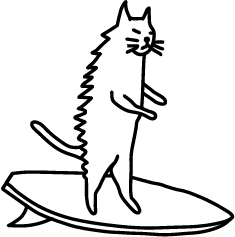 A black line drawing of a cat surfing.