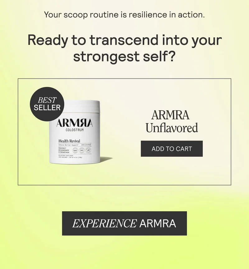 ARMRA Colostrum Unflavored product labeled Best Seller with ‘Add to Cart’ and ‘Experience ARMRA’ buttons.