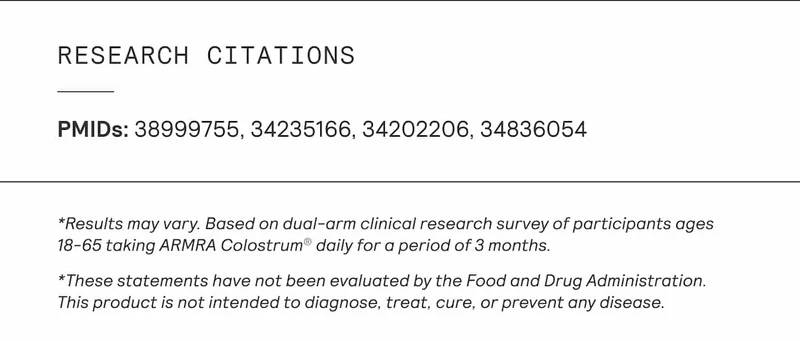 Research citations and disclaimers listing PMIDs and FDA notice for ARMRA Colostrum clinical studies.