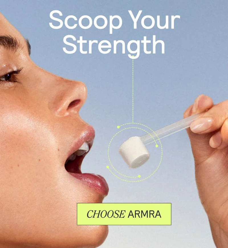 Person holding a scoop of ARMRA powder near their mouth with text ‘Scoop Your Strength’ and button reading ‘Choose ARMRA’.