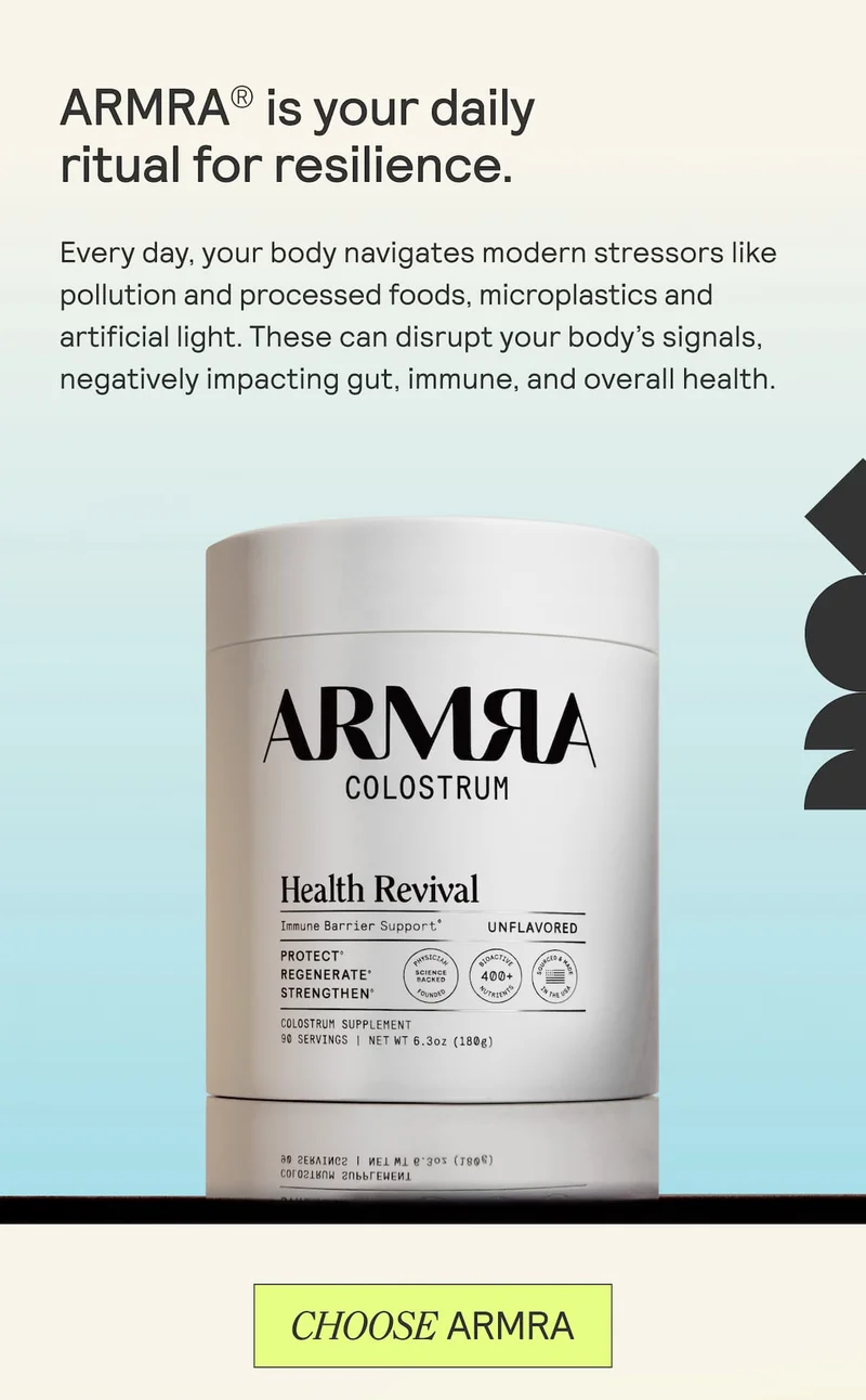 ARMRA Colostrum Health Revival container with product benefits text and button labeled ‘Choose ARMRA’.