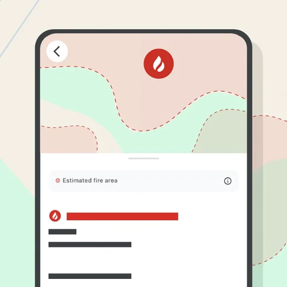 An illustration of a smartphone with Google Maps open, showing wildfire information.