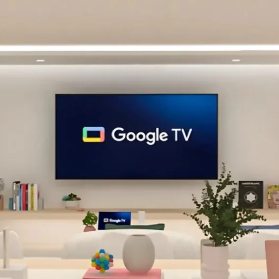 A screen with the Google TV logo sits on a wall above a shelf, surrounded by books, plants and decorative items.