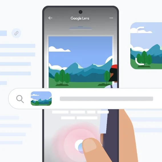An illustration of a hand holding a phone with the Google Lens app open.