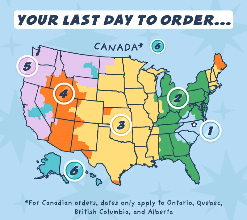 Your Last Day to Order… featuring a color coded map of the US + Canada