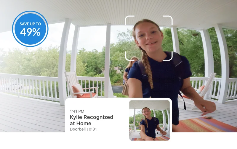 Up to 49% off. Simulated point of view image of a kid at an Arlo Video Doorbell. User interface reads: 1:41 PM, Kylie recognized at home, doorbell, 0:31.