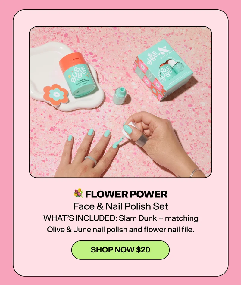 💐 FLOWER POWER Face & Nail Polish Set [SHOP NOW $20]  WHAT’S INCLUDED: Slam Dunk + matching Olive & June nail polish and flower nail file.