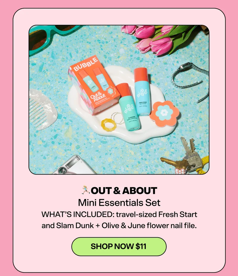 🏃🏼‍♀️OUT & ABOUT Mini Essentials Set [SHOP NOW $11]  WHAT’S INCLUDED: travel-sized Fresh Start and Slam Dunk + Olive & June flower nail file.
