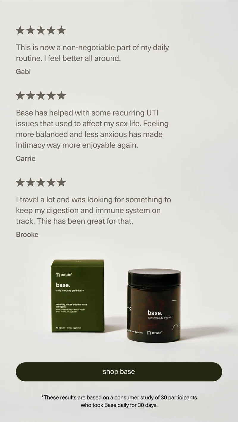 "This is now a non-negotiable part of my daily routine. I feel better all around." - Gabi | "Base has helped with some recurring UTI issues that used to affect my sex life. Feeling more balanced and less anxious has made intimacy way more enjoyable again." - Carrie | "I travel a lot and was looking for something to keep my digestion and immune system on track. This has been great for that." - Brooke | [ shop base ] | *These results are based on a consumer study of 30 participants who took Base daily for 30 days.
