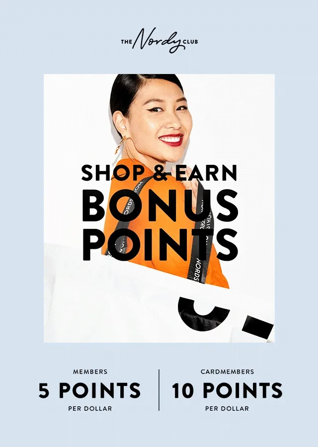 Shop and earn bonus points! Members earn 5 points per dollar; cardmembers, 10 points per dollar. Rotating images of people smiling/holding Nordstrom bags.