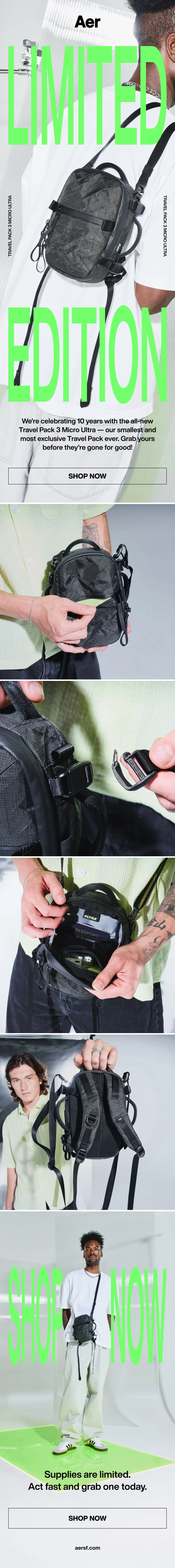Product images of the limited-edition Aer Travel Pack 3 Micro.