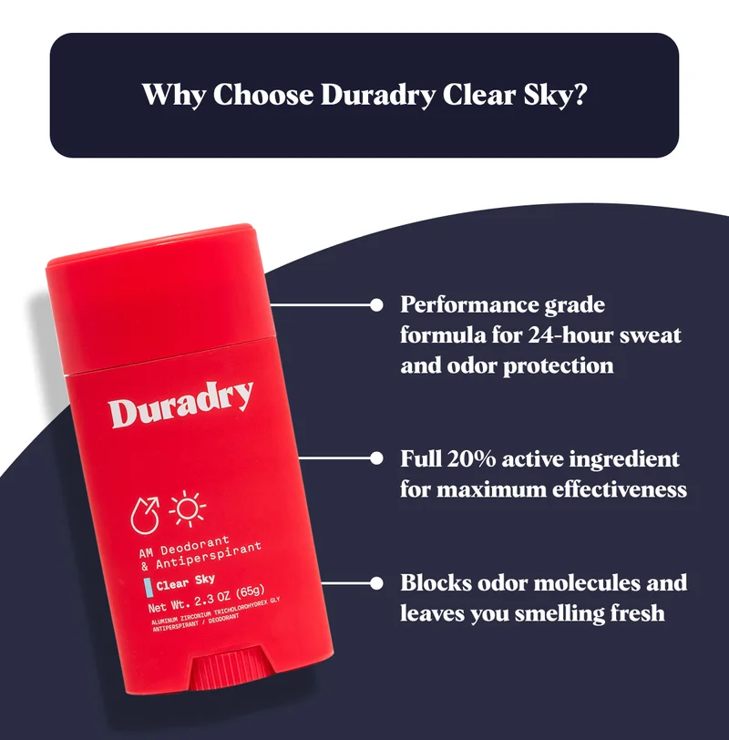 Why Choose Duradry Clear Sky? Performance grade formula for 24-hour sweat and odor protection Full 20% active ingredient for maximum effectiveness Blocks odor molecules and leaves you smelling fresh
