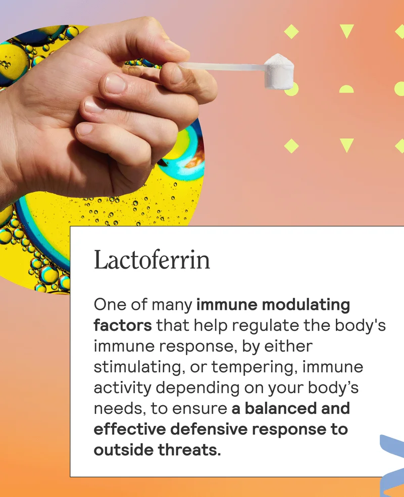LACTOFERRINOne of many immune modulating factors that help regulate the body's immune response, by either stimulating, or tempering, immune activity depending on your body’s needs, to ensure a balanced and effective defensive response to outside threats.