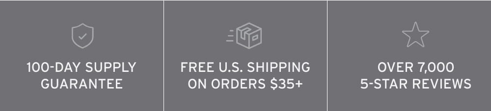 100-DAY SUPPLY GUARANTEE. FREE U.S. SHIPPING ON ORDERS $35+. OVER 7,000 5-STAR REVIEWS
