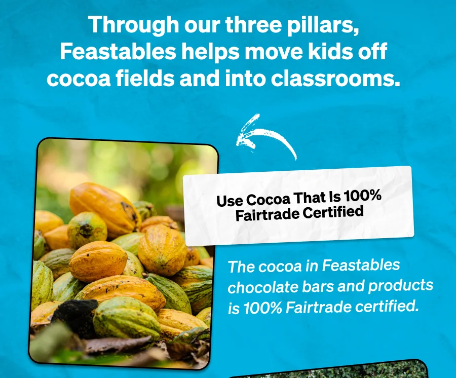 Through our three pillars, Feastables helps move kids off cocoa fields and into classrooms.  Use Cocoa That Is 100% Fairtrade Certified  The cocoa in Feastables chocolate bars and products is 100% Fairtrade certified.