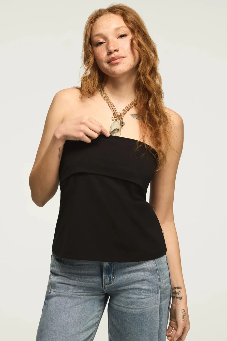 Image of Lucky Brand Foldover Knit Tube Top - Women's Clothing Knit Tops Tee Shirts in Jet Black