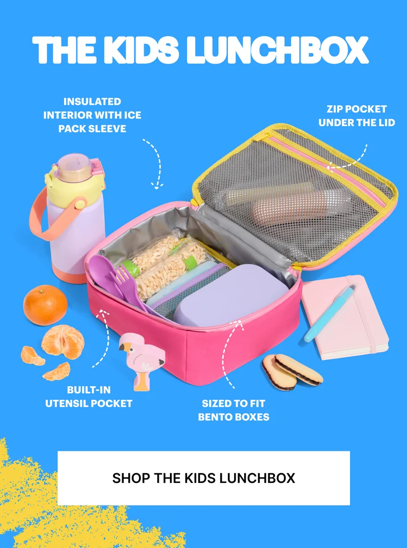 THE KIDS LUNCHBOX: Lightweight, insulated, and easy to clean and carry (thanks to a clip that attaches to their backpack), the Kids Lunchbox is your ticket to smooth travel days for all. With clever compartments for food, utensils, and more, it keeps snacks fresh and spirits high.
