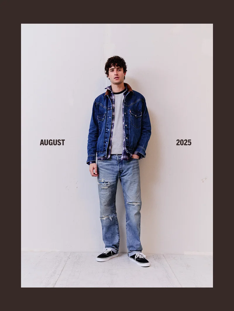 Person wearing jeans, t-shirt, button up shirt, and denim jacket.