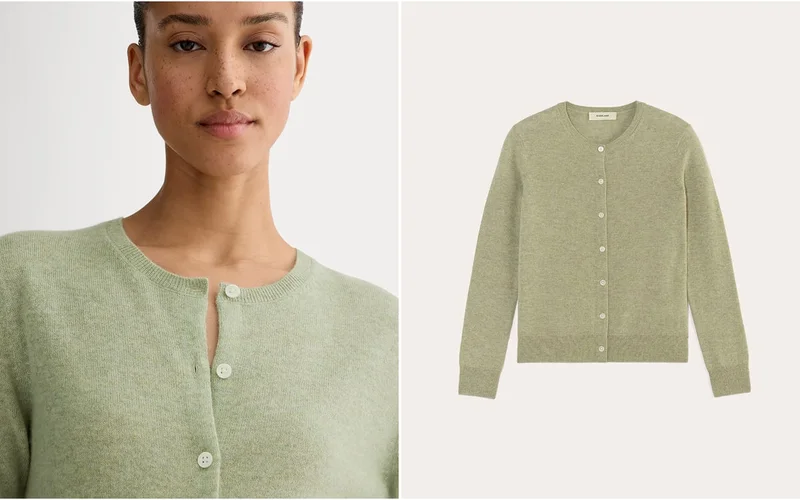 [Editorial Image]The Classic Cardigan in Cashmere | Light Heathered Moss