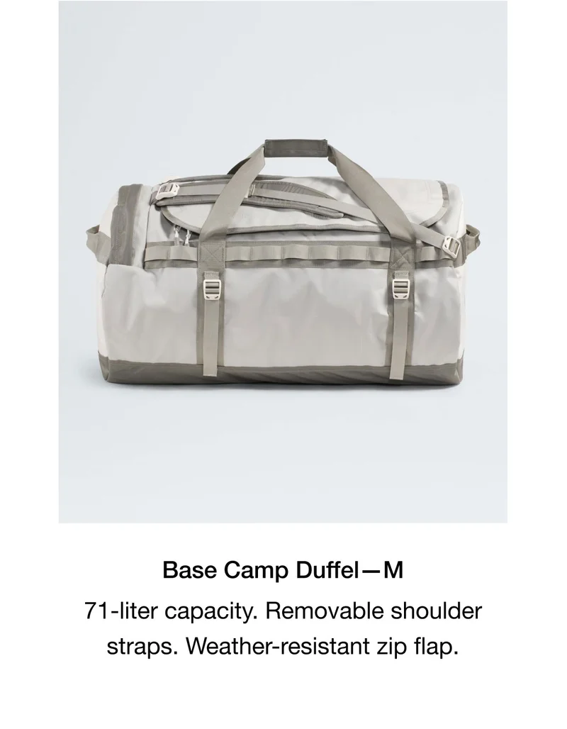 Base Camp Duffel - M. 71-liter capacity. Removable shoulder straps. Weather-resistant zip flap.