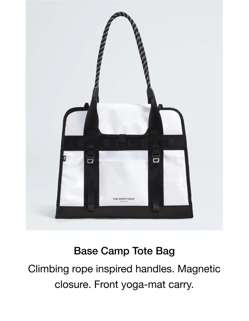 Base Camp Tote Bag. Climbing rope inspired handles. Magnetic closure. Front yoga-mat carry.