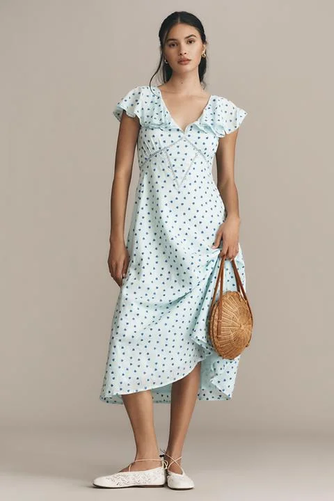 Mille Eloise Flutter-Sleeve V-Neck Midi Dress