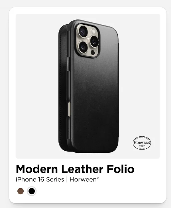 Black Modern Leather Folio for iPhone 16. Horween Leather
