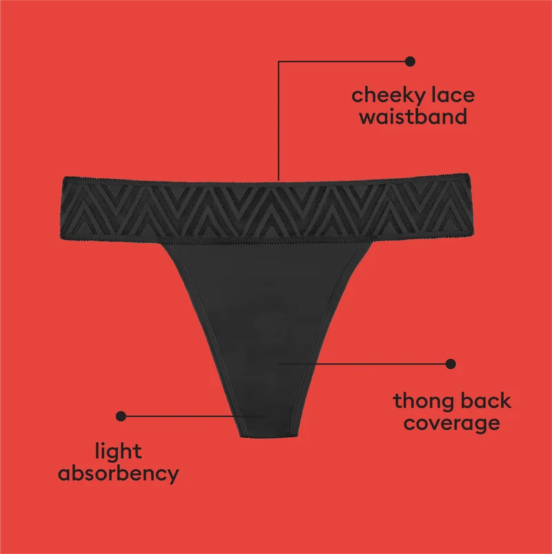 cheeky lace waistband, light absorbency, thong back coverage