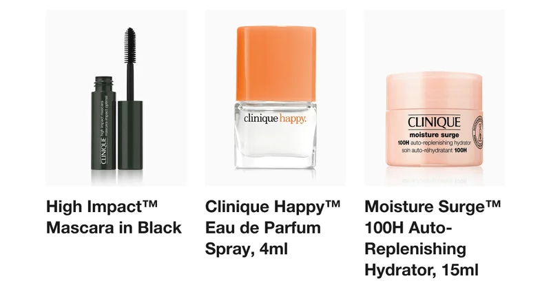 High Impact™ Mascara in Black | Clinique Hapру™ Eau de Parfum Spray, 4ml | Moisture Surge™ 100H Auto- Replenishing Hydrator, 15ml