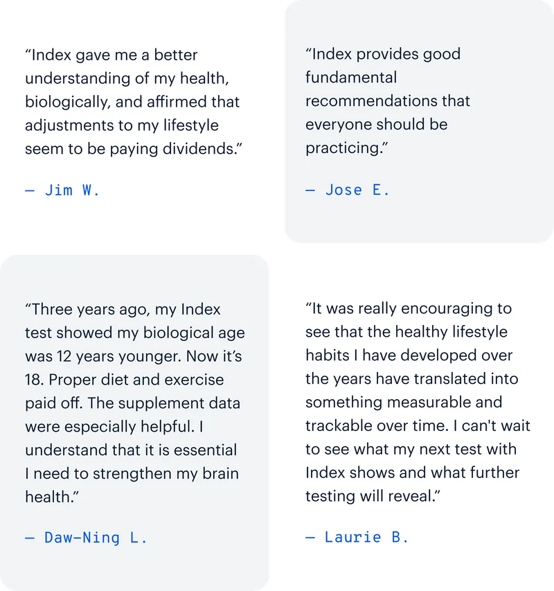 “Index gave me a better understanding of my health, biologically, and affirmed that adjustments to my lifestyle seem to be paying dividends.” — Jim W. | “Index provides good fundamental recommendations that everyone should be practicing.” — Jose E. | “Three years ago, my Index test showed my biological age was 12 years younger. Now it’s 18. Proper diet and exercise paid off. The supplement data were especially helpful. I understand that it is essential I need to strengthen my brain health.” — Daw-Ning L. | “It was really encouraging to see that the healthy lifestyle habits I have developed over the years have translated into something measurable and trackable over time. I can't wait to see what my next test with Index shows and what further testing will reveal.” — Laurie B.