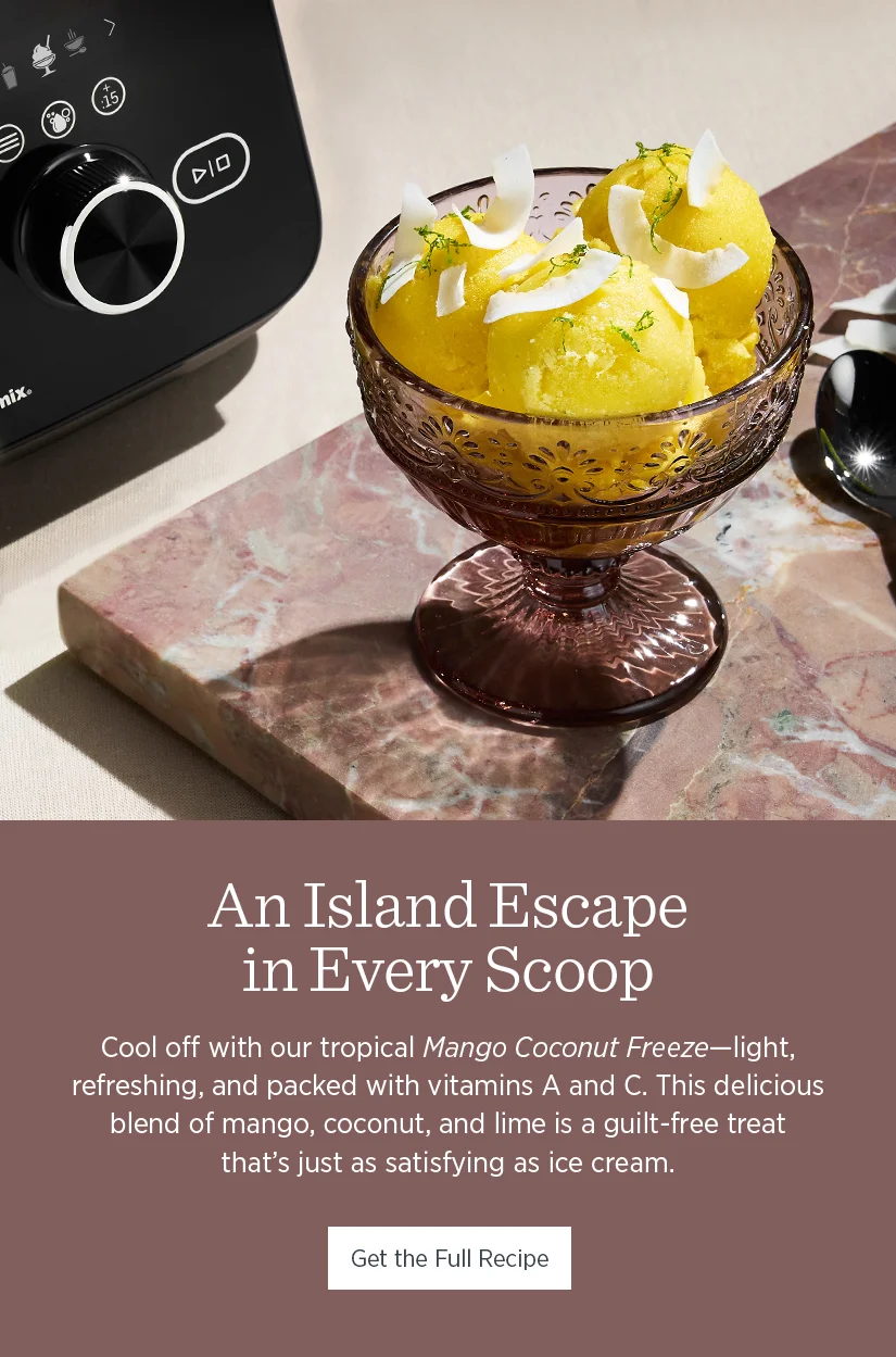 An Island Escape in Every Scoop. Cool off with our tropical Mango Coconut Freeze - light, refreshing, and packed with vitamins A and C. This delicious blend of mango, coconut, and lime is a guilt-free treat that's just as satisfying as ice cream.