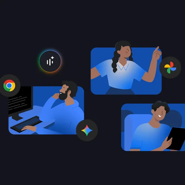 Three tech vignettes with users. Icons: Google Chrome, Google Photos, and AI sparkle.