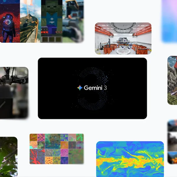 Diverse image collage centered on 'Gemini 3' logo framed by a stylized blue dot '3'.