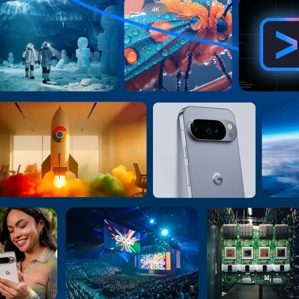 Technology images: astronauts, insect, chevron, rocket, Pixel phone, Earth, woman, conference, circuit board.