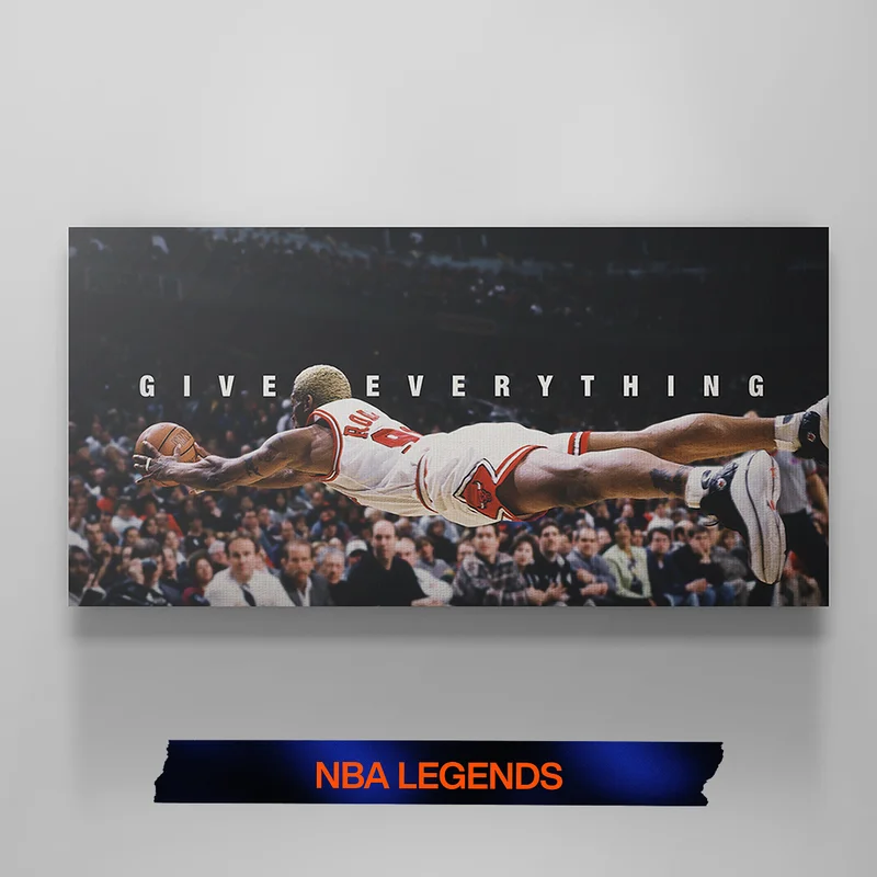 Canvas showing a basketball player diving for the ball with the words ‘Give Everything’ across the image. Text below reads ‘NBA Legends Collection’ in orange. Canvas showing a basketball player diving for the ball with the words ‘Give Everything’ across the image. Text below reads ‘NBA Legends Collection’ in orange.