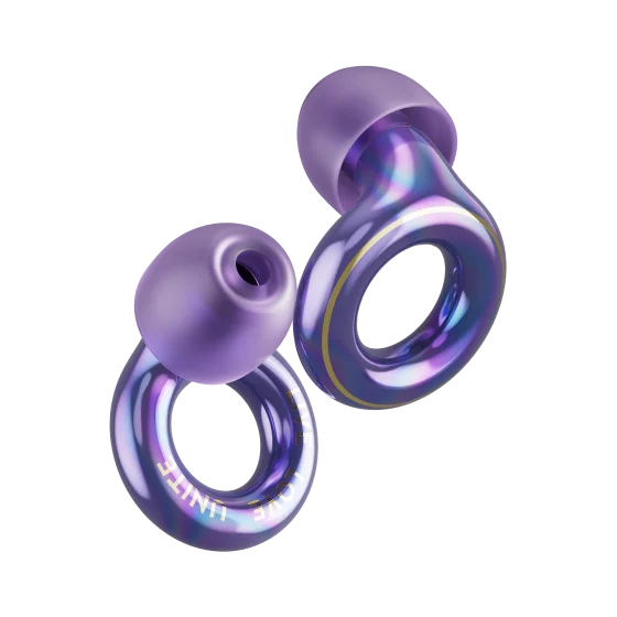 A pair of the Loop x Tomorrowland Experience 2 earplugs in Purple.