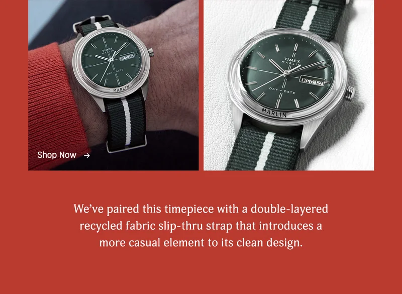 we've opaired this timepiece with a double-layered recycled fabric slip-thru strap that introduces a more casual element to its clean design. | shop now