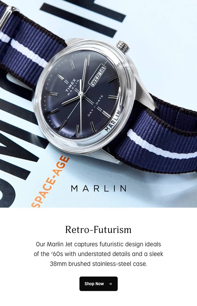 marlin | retro-futurism | our marlin jet captures futuristic design ideals of the 60s with understated details and a sleek 38mm brushed stainless-steel case. | shop now