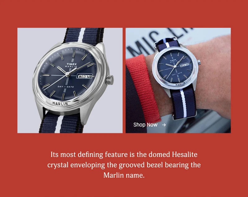 its most defining feature is the domed hesalite crystal enveloping the grooved bezel bearing the marlin name. | shop now