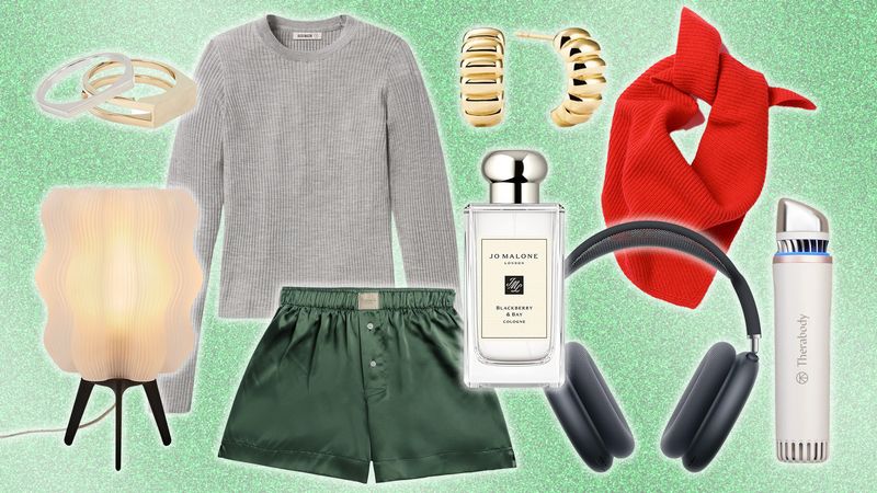 Collage of gifts for women on a glittery green background. Collage of gifts for women on a glittery green background.