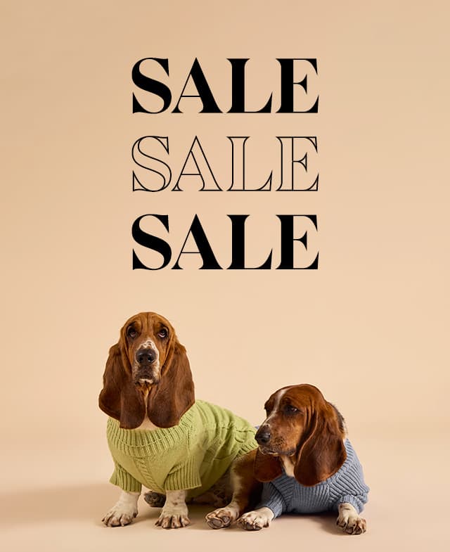 A peach background that says SALE, SALE, SALE with two basset hounds wearing sweaters.