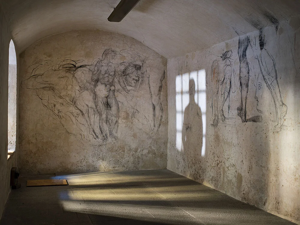 Charcoal drawings on the wall of a cellar discovered hidden beneath the Medici Chapel in Florence, Italy.
