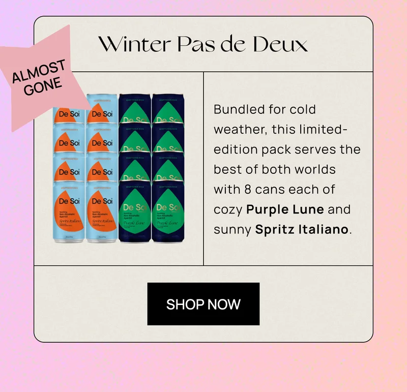 Sticker: ALMOST GONE | Winter Pas de Deux |  Bundled for cold weather, this limited-edition pack serves the best of both worlds with 8 cans each of cozy Purple Lune and sunny Spritz Italiano. | CTA: Shop Now