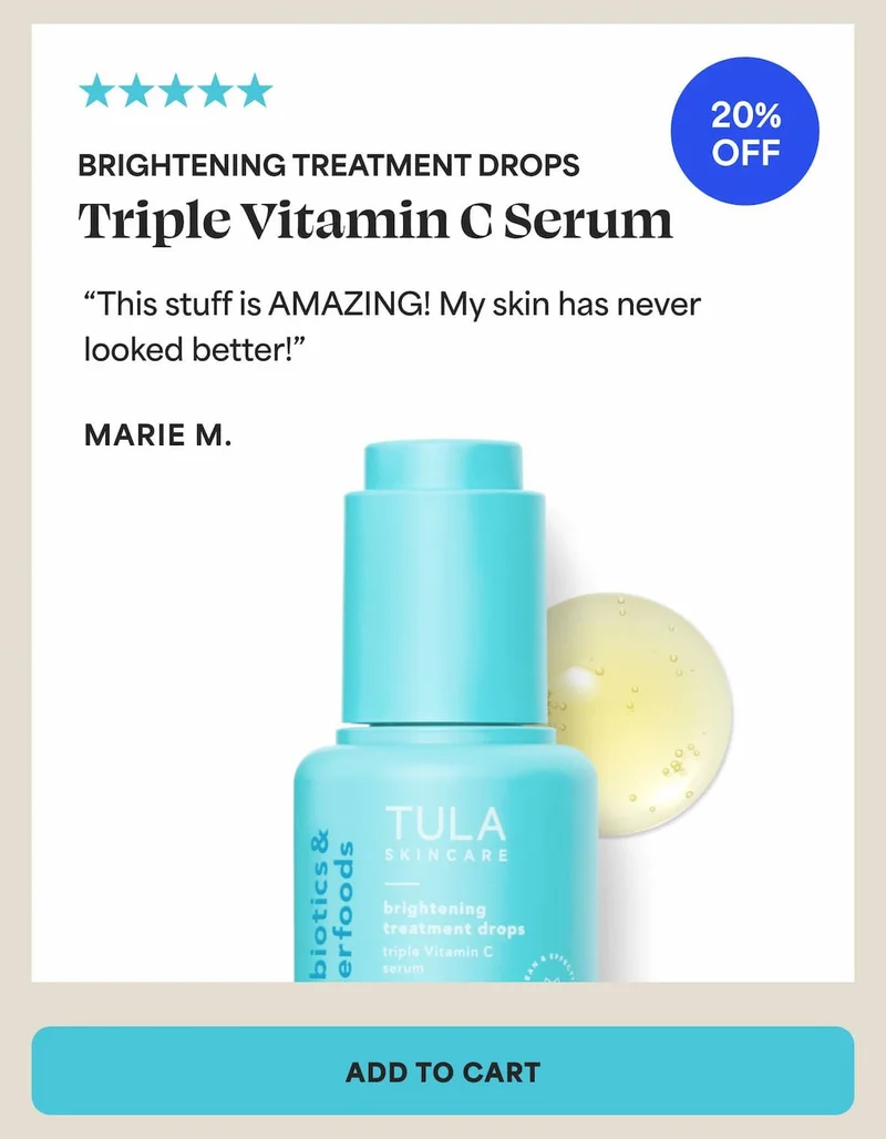 Brightening Treatment Drops Triple Vitamin C Serum. (20% off) "This stuff is AMAZING! My skin has never looked better!" - Marie M. -- ADD TO CART