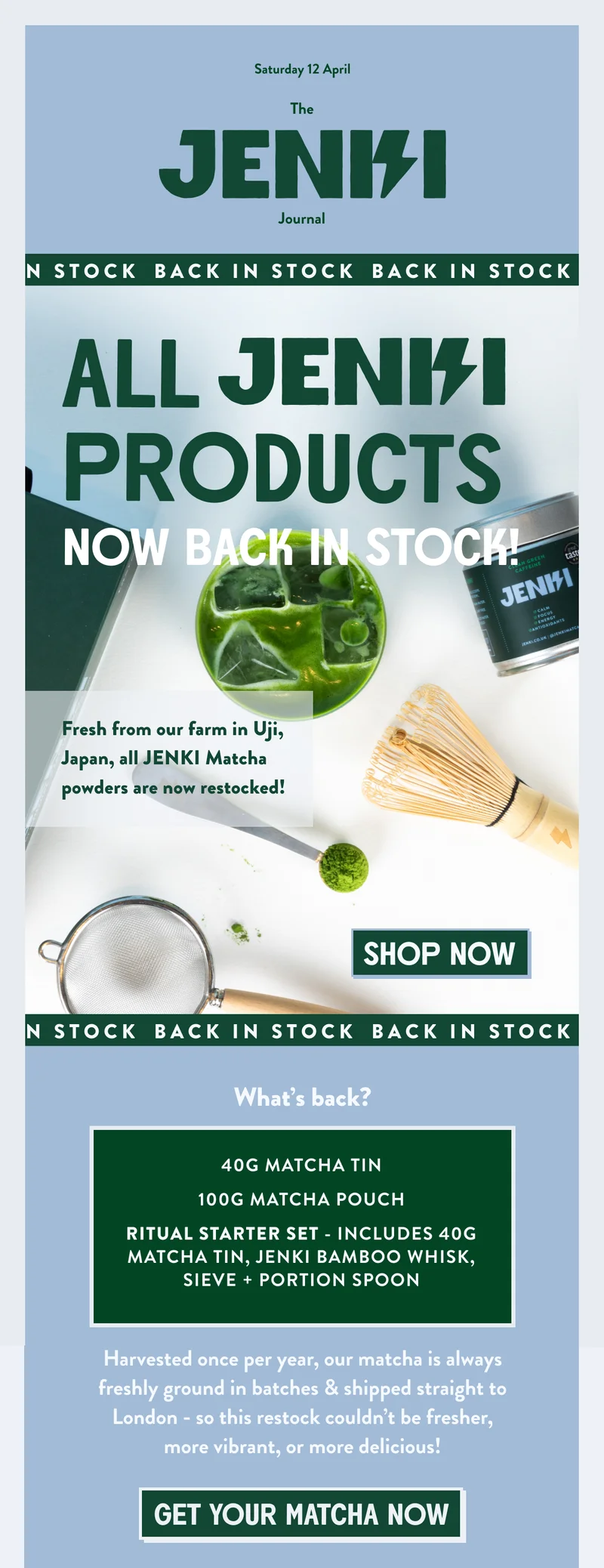 JENKI Matcha Products: Whisk, Tin, Scoop, Sieve