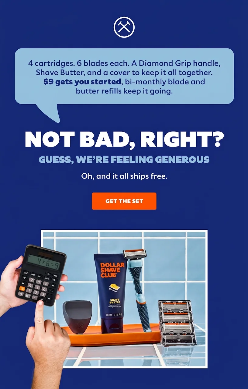 Dollar Shave Club offer: $9 starter kit with razor, blades, butter, and cover.