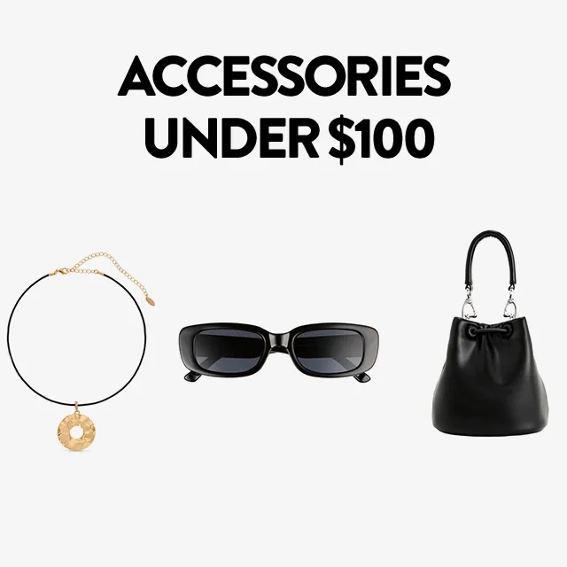 Choker necklace with a pendant, black rectangular sunglasses, bucket bag, leather belt, hoop earrings, tortoiseshell sunglasses.