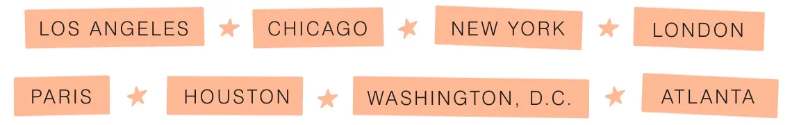 GIF of tour city names: Los Angeles, Chicago, New York, London, Paris, Houston, Washington, D.C. and Atlanta.