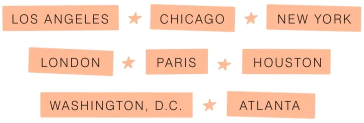GIF of tour city names: Los Angeles, Chicago, New York, London, Paris, Houston, Washington, D.C. and Atlanta.