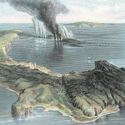The volcanic island of Thera (modern Santorini) in the Aegean Sea depicted during a 19th-century eruption. Archaeologists working more than 100 miles away have found evidence for the Bronze Age eruption of Thera and subsequent tsunami which may have killed tens of thousands of people.